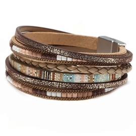 ZMANYIJEW Leather Wrap Bracelets for Women,Boho Cuff Bracelets Multi-Layer Crystal Beads Cuff Bracelet Multilayered Leopard Leather Braided Bangle Wrist Cuff Bangles (khaki)