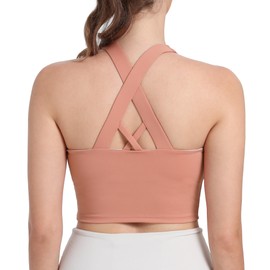 Hioffer Mid Impact Cross Back Sports Bras for Women Shock Absorber Support Padded Tank Top Bra Yoga Gym Orange