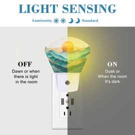 Abstract Golden Sun Plug in Night Lights, Green Mountains Nightlight Plug Into Wall Dusk to Dawn Sensor for Kid Girls Boys Women Men Room, Hallway, Kitchen, Bathroom, Stairs Decor