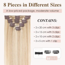 Tess Clip-In Real Hair Extensions, Remy Human Hair Extensions for Full Head, 8 Wefts, 35 cm, 60 g, #18P613 Golden Blonde/Blonde