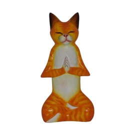 Brave Wings Hand Carved Wooden Cat ~ Meditating Orange Cat 25cm High ~ Ornament Sculpture Figurine Statue Unique Table Decoration Home Decor ~ 5172