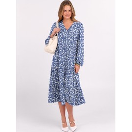 ANRABESS Women's Long Lantern Sleeve Floral Midi Dresses 2025 Fall V Neck Casual Flowy A-line Tiered Boho Vacation Long Dress Floral Blue X-Large
