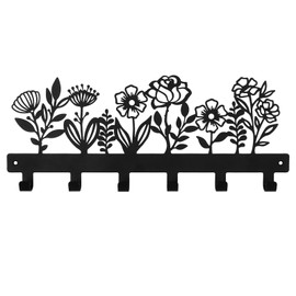 Wall Mounted Metal Towel Rack with 6 Hooks Black Metal Towel Holder for Bathroom Space Saving, Waterproof Rustproof Easy Install Bathroom Decor(Flower)
