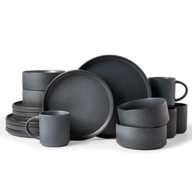Famiware Star Dinnerware Set with Mugs, Service for 4 (16pcs), Ribbed Stoneware Plates and Bowls Dishes Sets - Chip & Scratch Resistant, Microwave & Dishwasher Safe, Matte Dark Charcoal