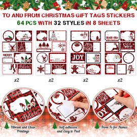 Gilprop 64 Christmas Gift Tags Stickers 8 Christmas Tags Present with String 8 Holiday Postcards Reindeer Snowflake Santa to and from Labels Self Adhesive for Xmas Gifts Presents Wrap(Black,Elk)