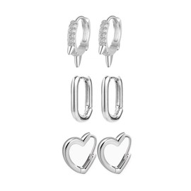 GMEDRIDAS Silver Hoops Earrings for Women 3 Pairs S925 Silver Heart Cubic Zirconia Huggie Earrings,Square Small Silver Hoop Sleeper Earrings Set for Women Girls Jewelry Gift 10mm 14mm