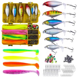 Tbbure 100 Pcs Fishing Lures Ploppers Equipment Tackle Gear Box for Bass, Floating Rotating Tail, Hard Fish Kit with Soft Lure,Hooks, Accessories Tools,Plastic Bait, Swimbait