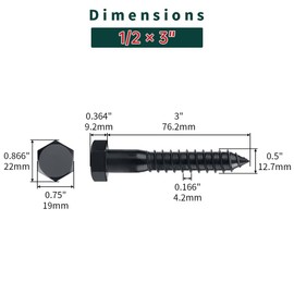 1/2 x 3 Black Hex Head Lag Screws Bolts (8 pcs), 304 Stainless Steel 18/8, Black Oxide Coated, Partial Thread, Deck Screws, Heavy Duty Hex Head Wood Lag Screws, Fayeploo