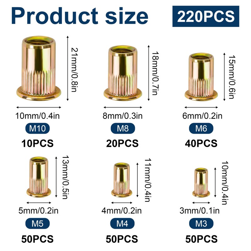 Set of 220 Rivet Nuts Assortment Set, Flat Head Threaded