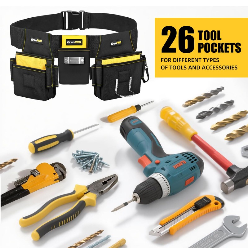 GRENPRO Magnetic Tool Belt for Men, 29 Pocket Carpenter Tool