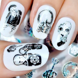 Holographic Nail Foil Transfer Stickers Decals, Punk Skull Nail Polish Sheets, Skeleton Skull Pirate Nail Art Designs Acrylic Nails Supplies for Nail Transfer Glue Polish, Women Nail Film Decorations