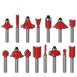 Yakamoz 15 Pieces 1/4 Inch Shank Tungsten Carbide Router Bit Set Woodworking Cutter Trimming Milling Bits Tool Kit for Home Improvement and DIY丨Red