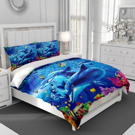 EHAOKK 3D Sea Animal Bed Linen Set, Dolphin, Tropical Fish, Coral, Sea Life Duvet Cover, Blue Underwater World Duvet Cover for Children (D, 135 x 200 cm)