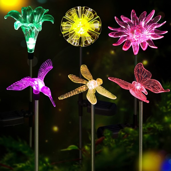 Solar Garden Lights Outdoor - 6 Pack LED Figurine Stake Lights, Color Changing Landscape Lighting, Decorative Flower Lights Solar Powered Waterproof for Patio Lawn Yard Pathway Halloween Christmas