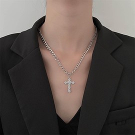 Inilbran Punk Crystal Cross Necklace Choker Silver Rhinestone Cross Necklace Vintage CZ Jesus Cross Necklace Chain Gothic Cross Crucifix Religious Necklace Jewellery for Women and Girls, Zinc