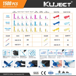 Kuject Ultimate Heat Shrink Wire Connectors, 1500PCS Waterproof Electrical Spade Connectors kit, Insulated Crimp Ring Fork Spade Terminal T-Tap Solder Butt Splice Connector for Marine Boat Truck