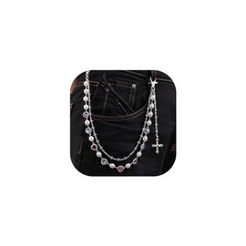Y2K Pearl Pants Chain for Men and Women – Layered Wallet Chain with Flower Beads or Heart Cross Pendant, Punk Aesthetic Jeans Keychain Accessory (Heart & Cross Pendant Chain Silver)