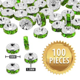 Mandala Crafts 100 Silver Tone Metal Peridot Rondelle Spacer Beads for Jewelry Making - 8mm Rondelle Beads - Faceted Silver Tone Metal Peridot Rhinestone Rondelle Crystal Beads for Bracelets Necklaces