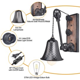 BARSUNS Steampunk Industrial Pulley Wall Sconce Plug in, Vintage Black Metal Wall Mounted Lamp with Switch Retro Wall Light Fixtures with 8FT Plug in Cord, E26 Base(Edison Bulb Included, 1 Pack)