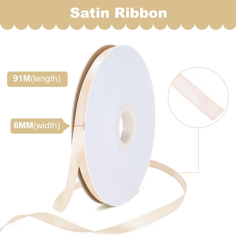 Bealif 91m Beige Satin Ribbon 6mm White Fabric Thick Ribbon