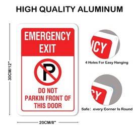 Emergency Exit Do Not Parking Front of This Door Metal Sign Durable Warning Tin Plaque Weather Resistant UV Protected Rust Free Metal Wall Plaque Decoration for Home Driveway Gate 12x8in