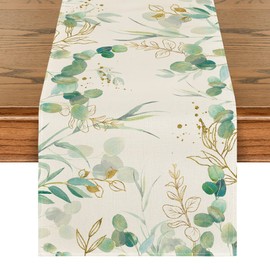 Artoid Mode Beige Greenery Eucalyptus Summer Table Runner, Spring Seasonal Anniversary Holiday Kitchen Dining Table Decoration for Indoor Outdoor Home Party Decor 13 x 36 Inch