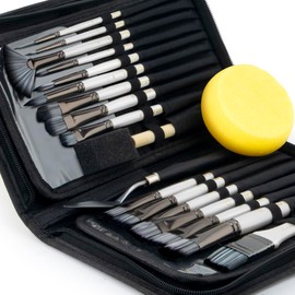 Transon Art Paint Brush Kit 16 Paint Brushes with Foam Brush Sponge Spatula and Brush Case for Oil, Acrylic, Watercolor, Gouache, Painting White