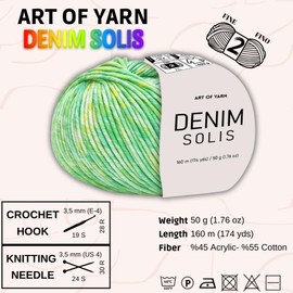 Art of Yarn DENIM SOLIS Variegated yarn 55% Cotton,45% Poliacrylic,Total 200g(7.04 Oz),640m(696 Yds) Soft Smooth Yarn Sport – Fine2 for Crocheting, Knitting, Amigurumi,Blankets,garments –4 Skein 99946