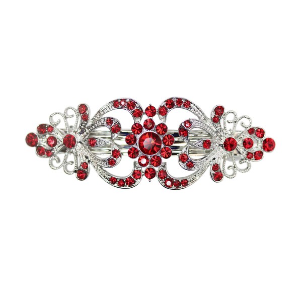 Faship Gorgeous Red Crystal Hearts And Floral Hair Barrette - Red