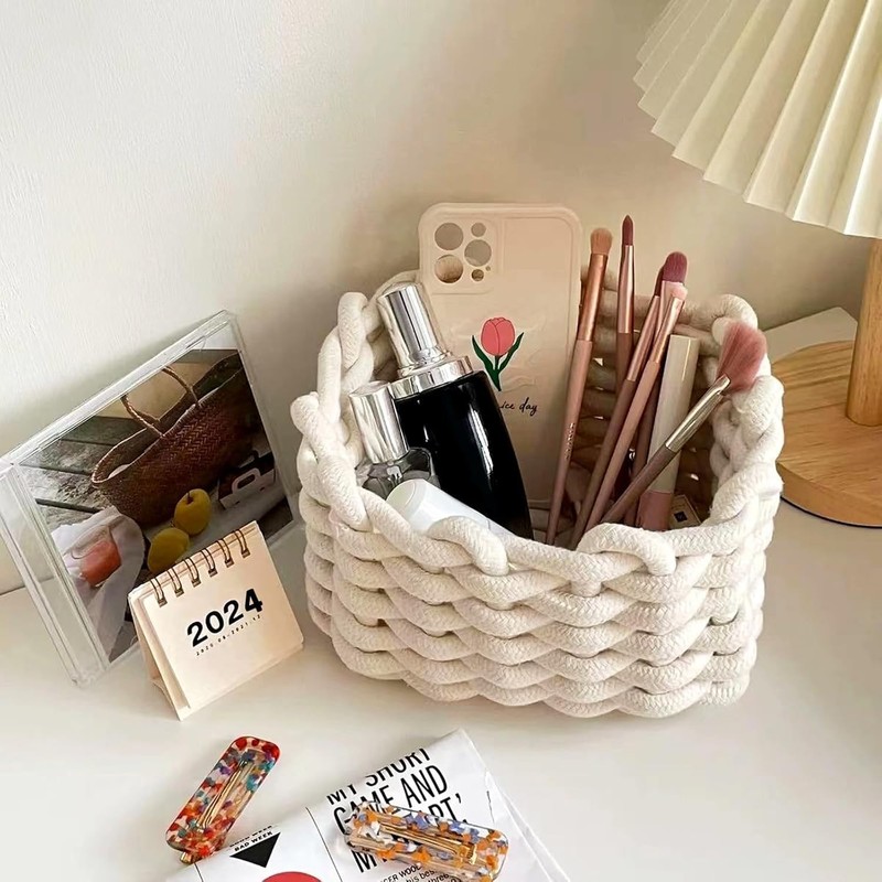 2 Pack Small Woven Baskets, Natural Cotton Rope Woven Baskets
