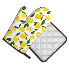 Juego de guantes y soportes para ollas de horno de limón para verano, bonitos guantes de horno resistentes al calor, cítricos, guantes de cocina amarillos, juego de dos piezas para cocinar hornear