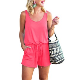 REORIA Womens Casual Summer One Piece Sleeveless Tank Top Playsuits Short Jumpsuit Beach Rompers Plus Size Phosphor Pink X-Large