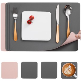 Myir JUN Leather Table Mats and Coasters, Dual-Sided Leather Placemats and Coasters Waterproof Placemats Place Mats Non-Slip Washable Table Mats (Gray Pink, Set of 4)