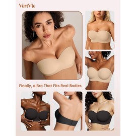Vertvie Strapless Bras for Women Wireless Push Up Non-Slip Bandeau Bra Seamless Full Coverage Molded Cup Tube Top Bralette((38C,Nude)