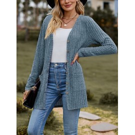 MYCOLORBLUE Old Times Cardigans for Women Elegant Ribbed Cardigan Long Sleeve Button Placket with Pockets Knitted Cardigan, blue