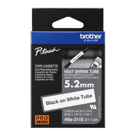 BROTHER Genuine Pro Tape HSe-211E Heat Shrink Tubing - Black on White, 5.2mm Wide, 1.5m Long