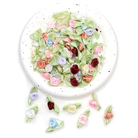 100PCS Mini Ribbon Roses, Mixed Color Ribbon Flowers, Artificial Fabric Flowers with Green Leaves, Ribbon Flowers for Crafts Sewing DIY Decoration, Satin Roses for Wedding Festival Accessories