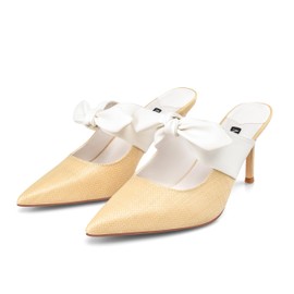 MIRAAZZURRA Apricot Bow Heel Mules Pumps Raffia Pointed Toe Stiletto High Heels Slip On Mules for Women Bridal Wedding Dress Party Size 8