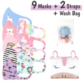 12 Pack Unisex Children Dust Protection, Breathable, Washable and Reusable Face Masks, Boys & Girls (12 PACK, SET III 9 Mask, 1 Wash Bag, 2 Mask Straps)