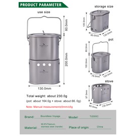 Boundless Voyage Outdoor Titanium Pot with Stove Set Ultralight Foldable Wood Stove Pot Set for Camping Picnic Hiking Backpacking Ti2005C