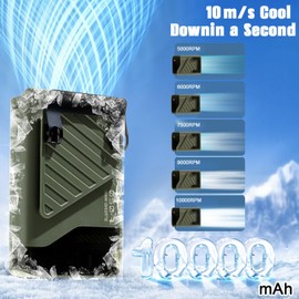 LAZZAROU 2025 AI Portable Fan,5-Speed 10000RPM Strong Airflow,Personal Waist Fan with LED Display&40H Runtime,33ft/s Wind Speed,Hands-Free Hanging Neck Fan, Wearable Belt for Camping,Outdoor (Green)