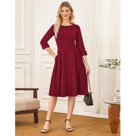 GRACE KARIN Women's Work Dress Semi Formal 3/4 Sleeve A Line Office Dresses Fit and Flare Classy Dress Wine Red S