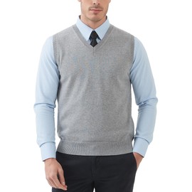 KALLSPIN Men's 100% Cotton Sweater Vest V Neck Regular Fit Knit Sleeveless Vest Pullover Sweater(Light Grey,Medium)
