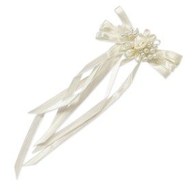 Expo International Vintage Rosette and Pearl Ribbon Bow Applique Tulle, Ivory