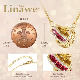 Linawe Ruby Red Moissanite Gold Necklace for Women, Interlocking Double Circle Imitation Diamond Crystal Birthstone Rhinestone Pendant Necklaces, Hypoallergenic Stainless Steel Chain