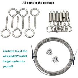 DGOL Picture Hanging Wire System, Could DIY 6 Pairs Screw in Hanger Hooks Kit for Picture or Art Frame, LED Light, Include Screw in Hooks, 304 Stainless Steel Wire Rope, Sleeves and Lock Turnbuckles