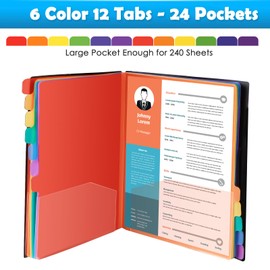 HABGP 24 Plastic Folders with Multi Pockets, 12 Colors, Office Organizer with 12 Tab Dividers, Letter Size School Supplies