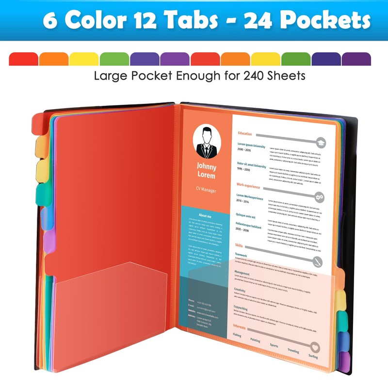 HABGP 24 Plastic Folders with Multi Pockets, 12 Colors, Office