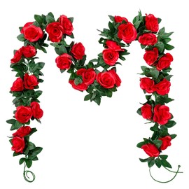 Criveple 2 Pack 7.2 ft Artificial Fake Rose Garland Vines Hanging Silk Flowers for Outdoor Indoor Wedding Wall Backdrop Garden Bathroom Decoration (Red)