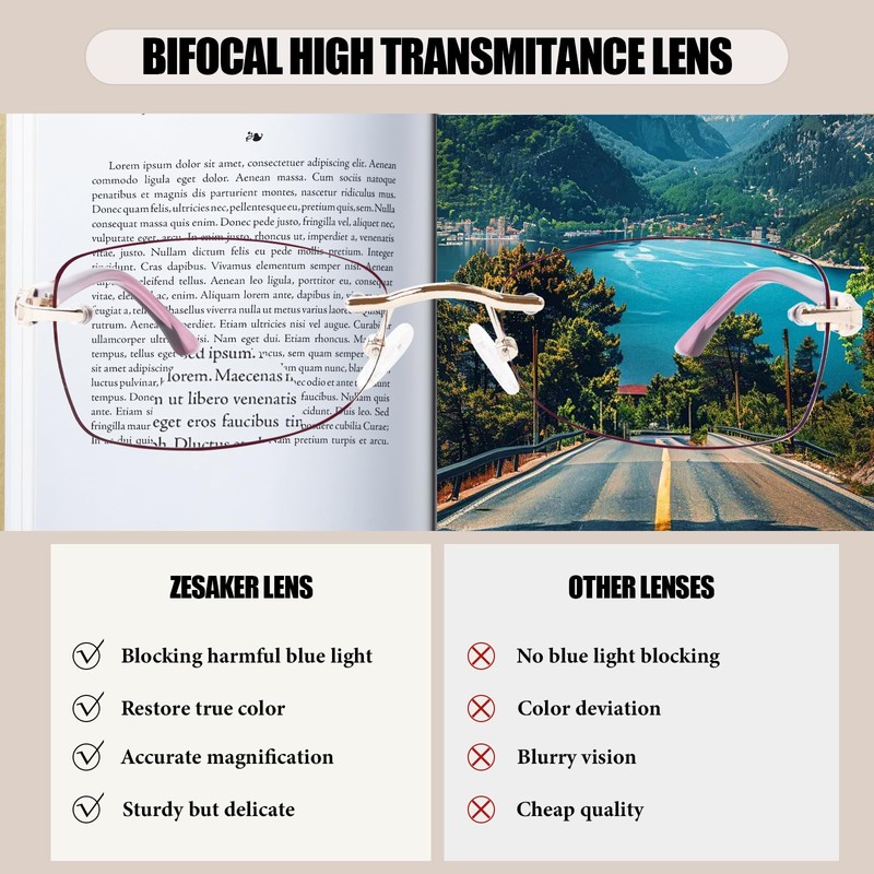 ZESAKER Rimless Bifocal Reading Glasses for Women Frameless Blue Light